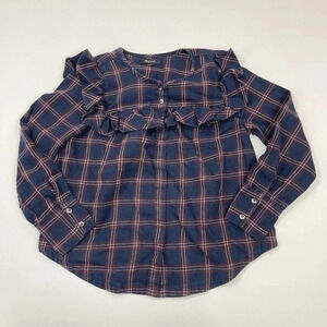 Madewell Navy Plaid Ruffle Yoke Blouse